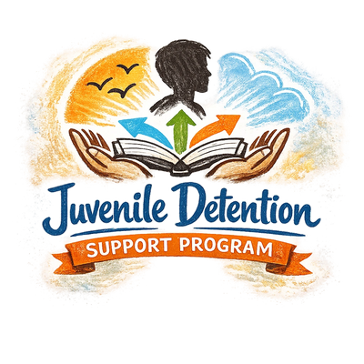 Illustration for Juvenile Detention Support Program with hands, book, arrows, and silhouette.