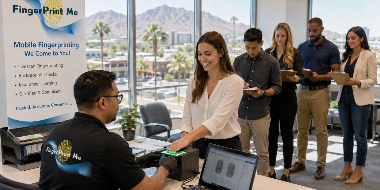People getting fingerprinted in a modern office with a scenic mountain view.