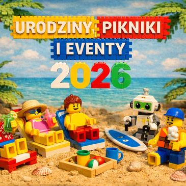 Lego figures enjoying a beach picnic with colorful text about birthdays, picnics, and events in 2026.