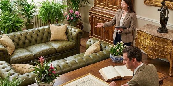 Two people in a vintage-style room with green leather sofas and plants.