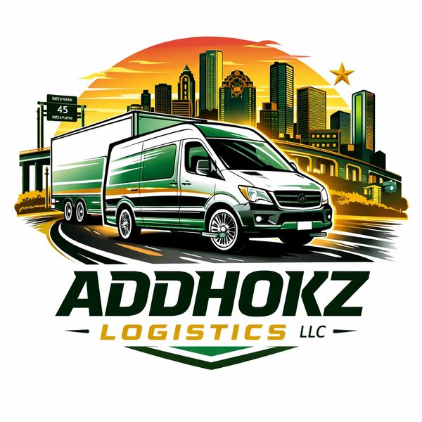 Logo featuring a truck and city skyline for Addhokz Logistics LLC.