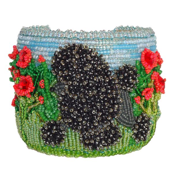 Black Standard Poodle Rose Garden beaded cuff bracelet bead embroidery wearable art beadwork dogs