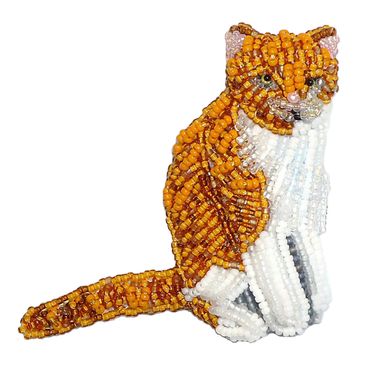 Beaded GINGER CAT fancy jewelry bead embroidery art pin brooch Orange kitty show feline art custom