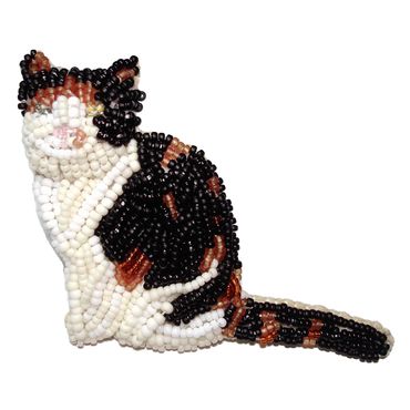 Beaded Calico Cat pin brooch black orange bead embroidery fancy jewelry beadwork kitten art beads