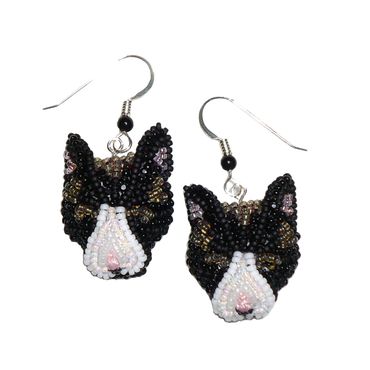 Custom Beaded Black & White Cat Fancy Statement Earrings Feline Club Bead Embroidery Beadwork Beads