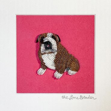 Custom beaded English bulldog dog portrait, bead embroidery mounted on pink Ultrasuede. SOLD.
