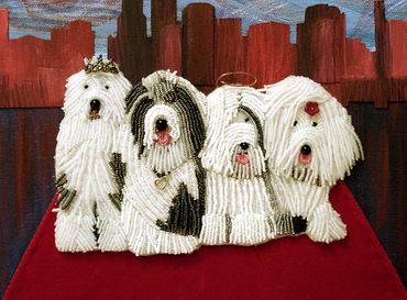 Old English Sheepdog pet portrait dog art bead embroidery Divas on canvas beadwork AKC Westminster