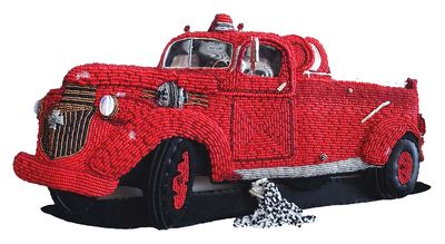 Beaded 1943 Chevy Fire Truck Engine w/ bead embroidery Dalmatian dog art The Lone Beader Art Shows