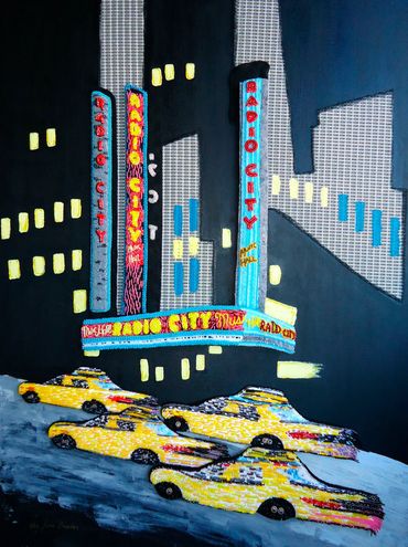 Beaded Radio City Music Hall bead embroidery painting New York theatre taxi cab art NYC at night