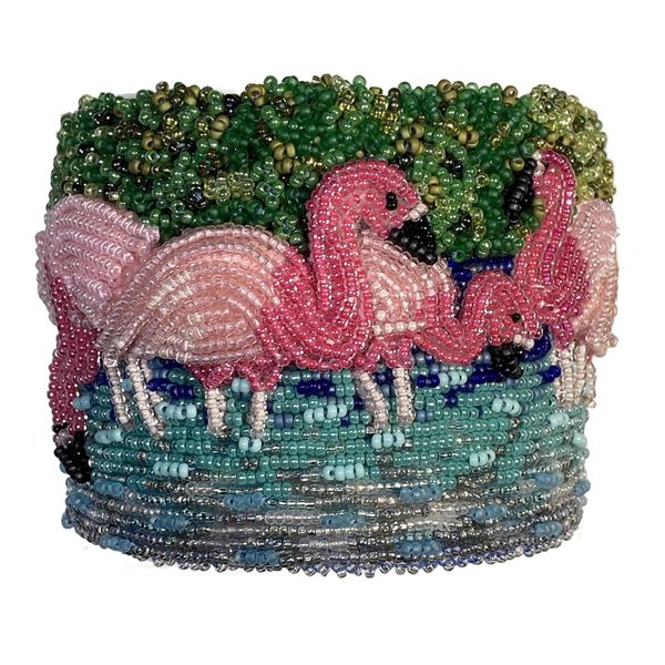 Luxury Pink Beaded American Flamingo cuff bracelet bead embroidery art jewelry Celestun Mexico 