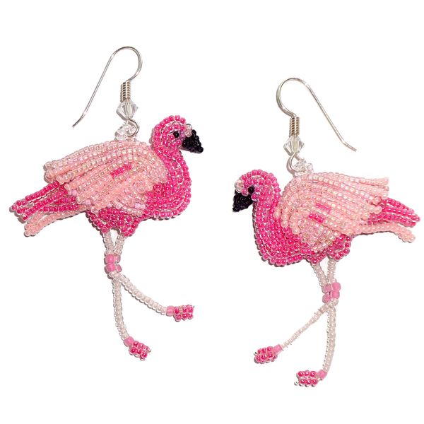 Luxury Pink Beaded American Flamingo dangly sterling silver earrings bead embroidery art jewelry 