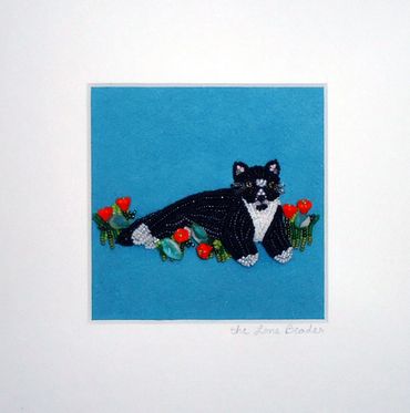 Custom Beaded Tuxedo Cat Fancy Flowers Mini Pet Portrait Gato Bead embroidery Beadwork feline art