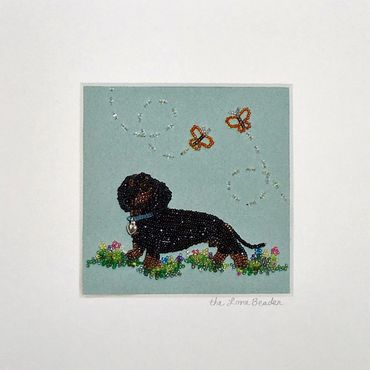 Beaded black Dachshund hot dog framed pet portrait bead embroidery beadwork art AKC rescue animal