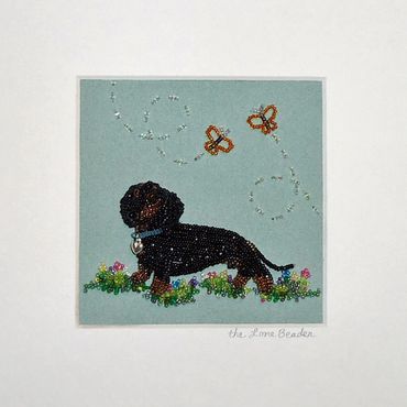 Beaded black Dachshund hot dog framed pet portrait bead embroidery beadwork art AKC rescue animal