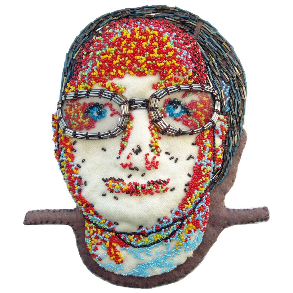 Optometrist beaded portrait recycled eyeglass lenses art bead embroidery seed beads Central Square