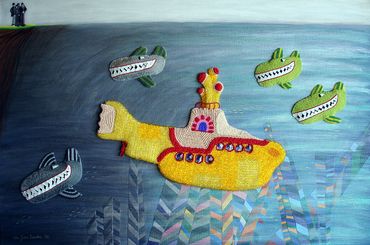 Bead embroidery on canvas Beatles Yellow Submarine painting beadwork beaded art Pepperland sharks