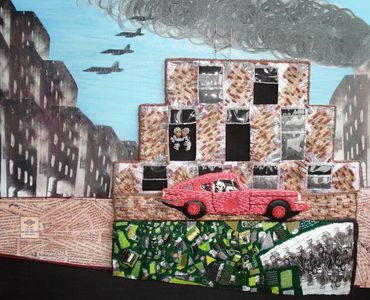 East London beaded war painting Banksy street art bead embroidery pink Triumph car UK beadwork sewn