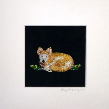 Custom beaded Husky Alaskan Sled Dog laying framed pet portrait bead embroidery beadwork art beads