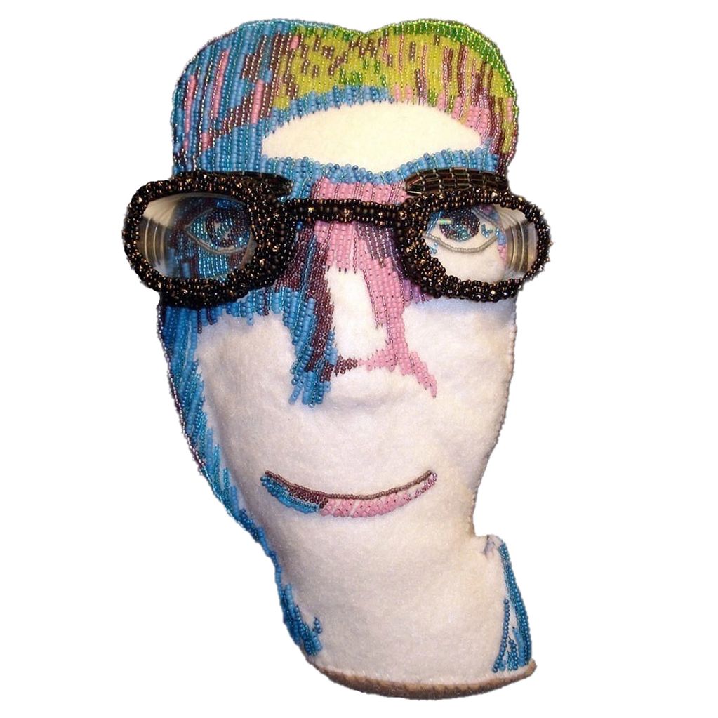 iMac inSomniac beaded self portrait sculpture woman bead embroidery art recycled eyeglass lenses 