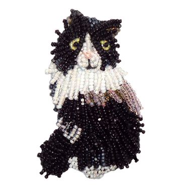 TUXEDO Black & White Beaded Cat Fancy Pin Pendant Bead embroidery beads feline art jewelry collect