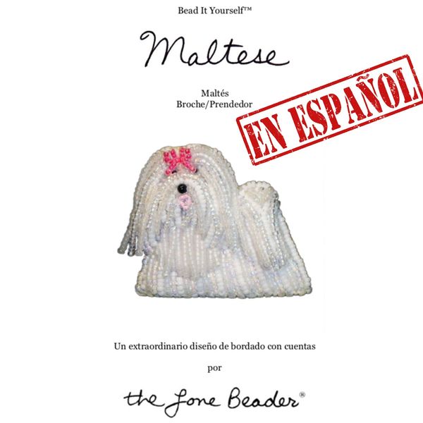 Maltese Maltés perro tutoriales de bordado a mano con cuentas patrón in español prendedor Spanish