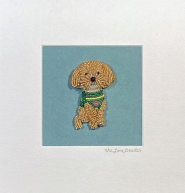 Beaded Framed MaltiPoo portrait Maltese Poodle in green winter jacket Dog Pet Portrait Bead embroide