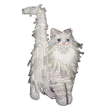 White Beaded Norwegian Forest Cat fancy brooch pendant show jewelry gift bead embroidery beads gift