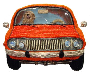 Vintage beaded Datsun pickup truck Golden Retriever bead embroidery mixed media custom car auto art