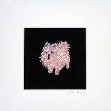 Pink Pomeranian framed 8x8 beaded pet portrait bead embroidery dog art AKC Westminster beadwork