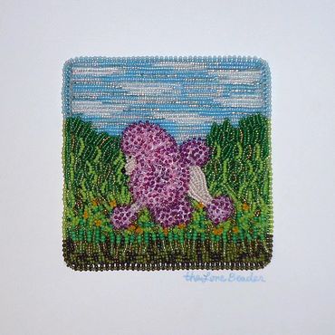 Framed Beaded Raspberry Poodle in Garden Dog Pet Portrait Bead embroidery beadwork art AKC gift