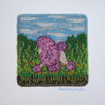 Framed Beaded Raspberry Poodle in Garden Dog Pet Portrait Bead embroidery beadwork art AKC gift