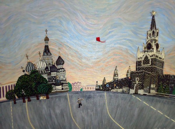 Red Square beaded art on canvas bead embroidery juried artwork Russia Kremlin currently on view