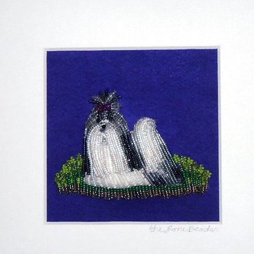 Royal Beaded Shih Tzu framed pet portrait shadowbox dog art Maltese AKC Westminster bead embroidery