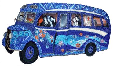 Psychedelic blue British beaded bus shadowbox art replica The DOORs rock band 1960's bead embroidery