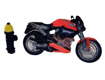 Bead embroidery Buell motorcycle art sculpture fire hydrant beaded Harley Davidson beadwork beads