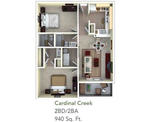 Floorplan to a 2 Bedroom/2 Bathroom unit in Cardinal Creek apartments