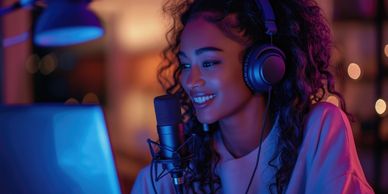A woman with headphones speaking into a microphone, smiling at a computer screen.