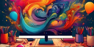 A colorful explosion of creativity bursts from a computer screen on a vibrant artist's desk.