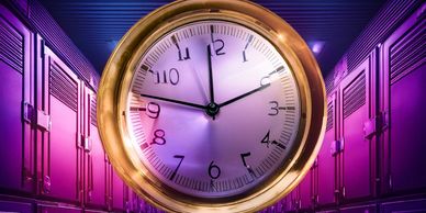 A large clock floating in a colorful, neon-lit school hallway with lockers.