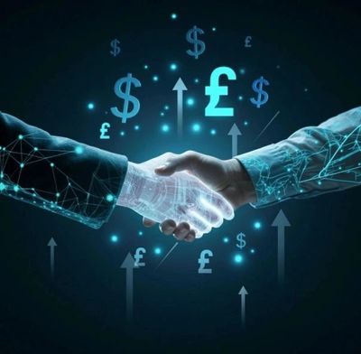 Digital handshake symbolizing financial partnership with dollar and pound signs.
