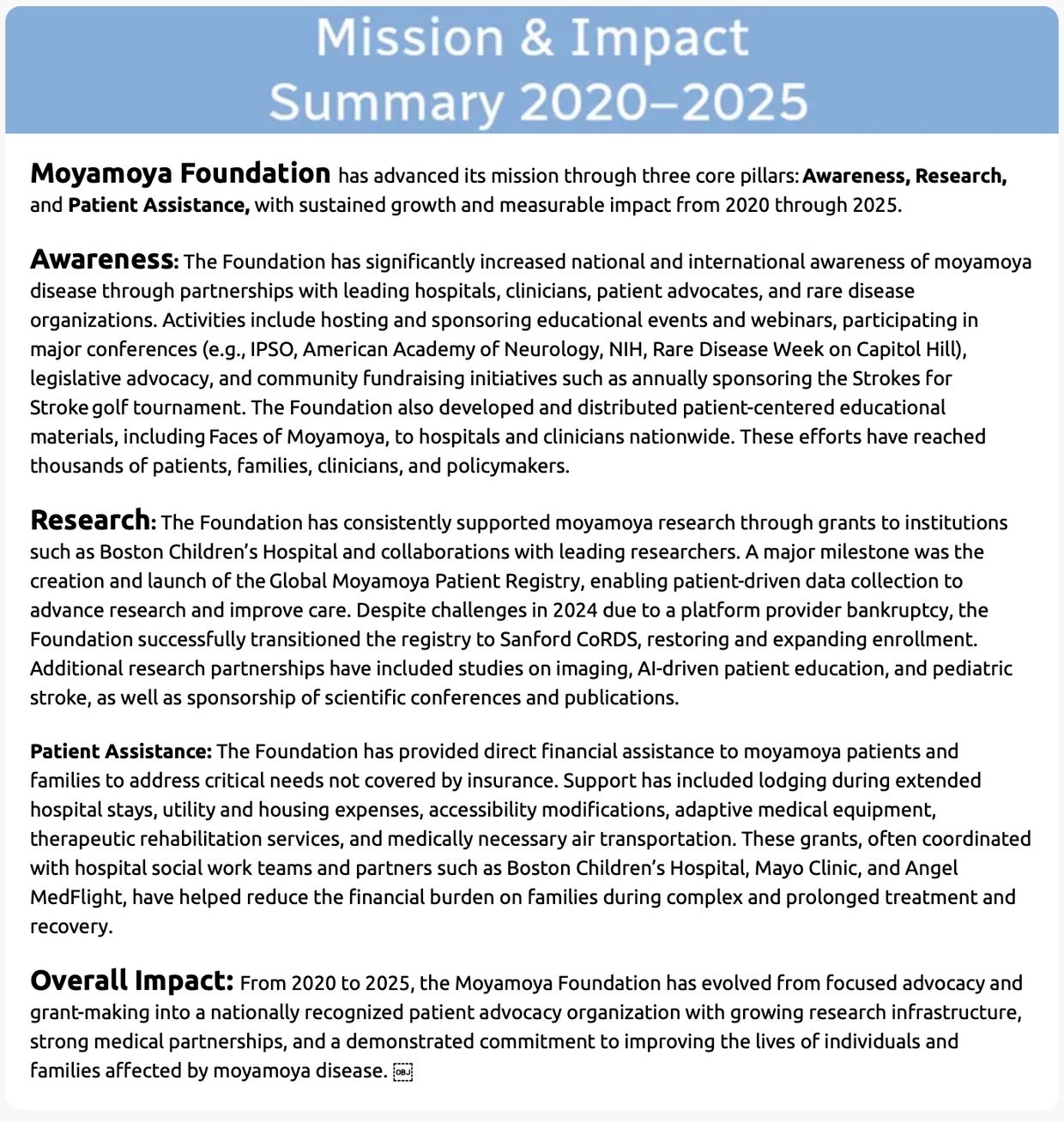 Moyamoya Foundation's mission and impact summary from 2020 to 2025.