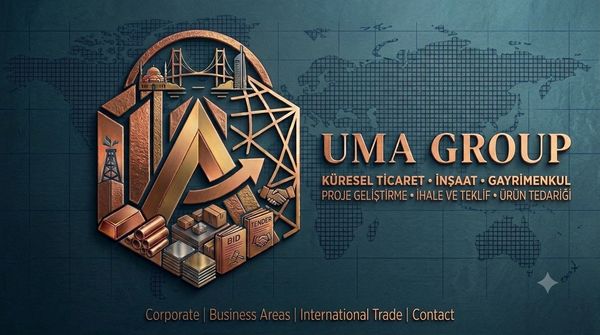 UMA GROUP business and trade logo with global map.
