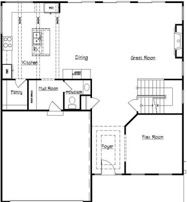 Black and white floor plan showing kitchen, dining, great room, mud room, pantry, powder room, foyer, and flex room.