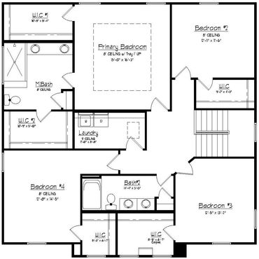 Detailed floor plan of a house's upper level with four bedrooms, bathrooms, laundry, and walk-in closets.
