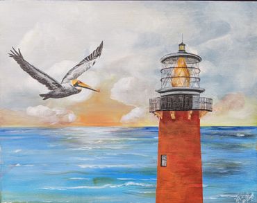 Jupiter lighthouse with pelican flying