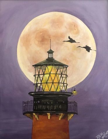 Jupiter lighthouse with moon and two birds silhouette
