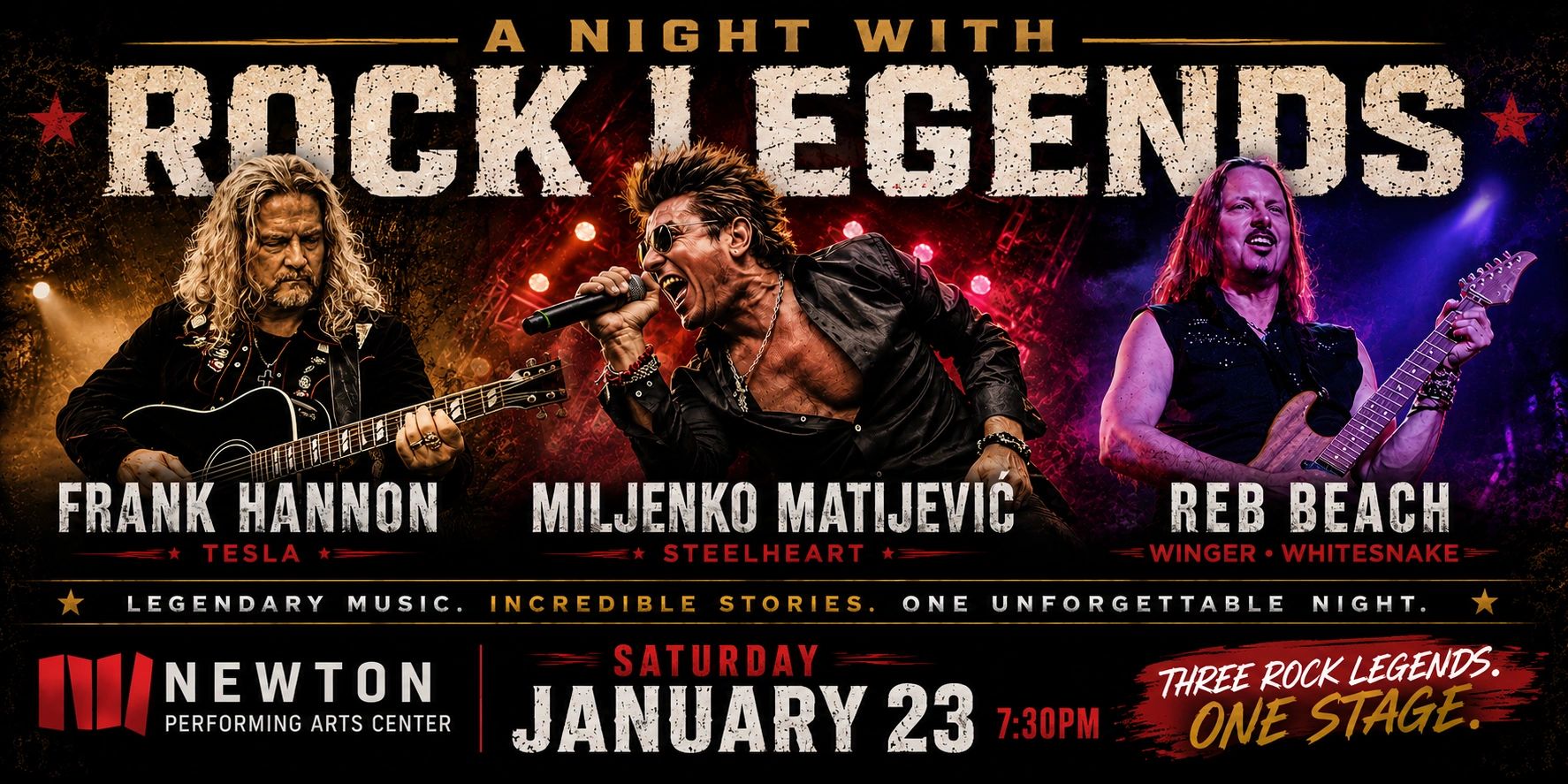 Concert poster for "A Night with Rock Legends" featuring Frank Hannon, Miljenko Matijevic, and Reb Beach.