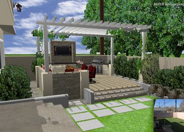 raised deck pergola with dining and TV structure