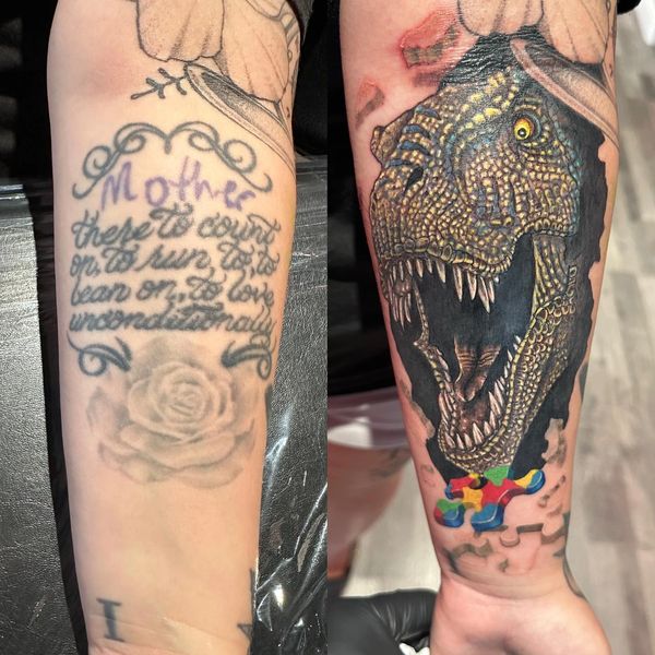 Cover up tattoo of a T Rex with autism awareness puzzle pieces