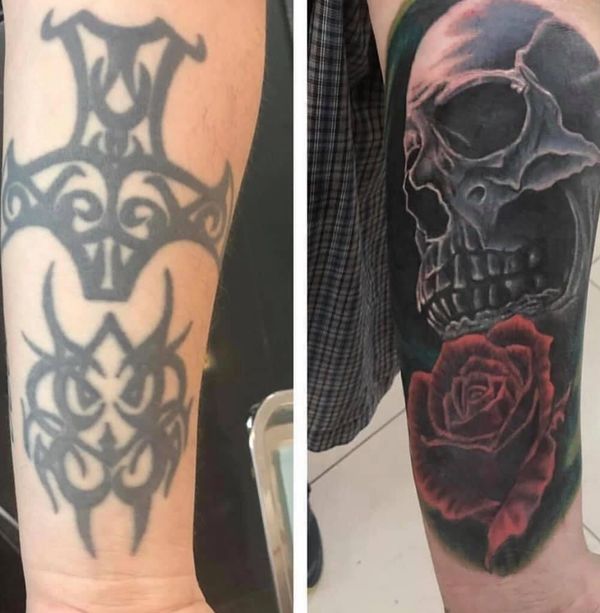 Tribal cover up with dark skull and rose
